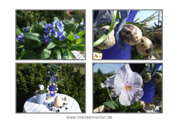 Osterdeko in hellblau im Garten