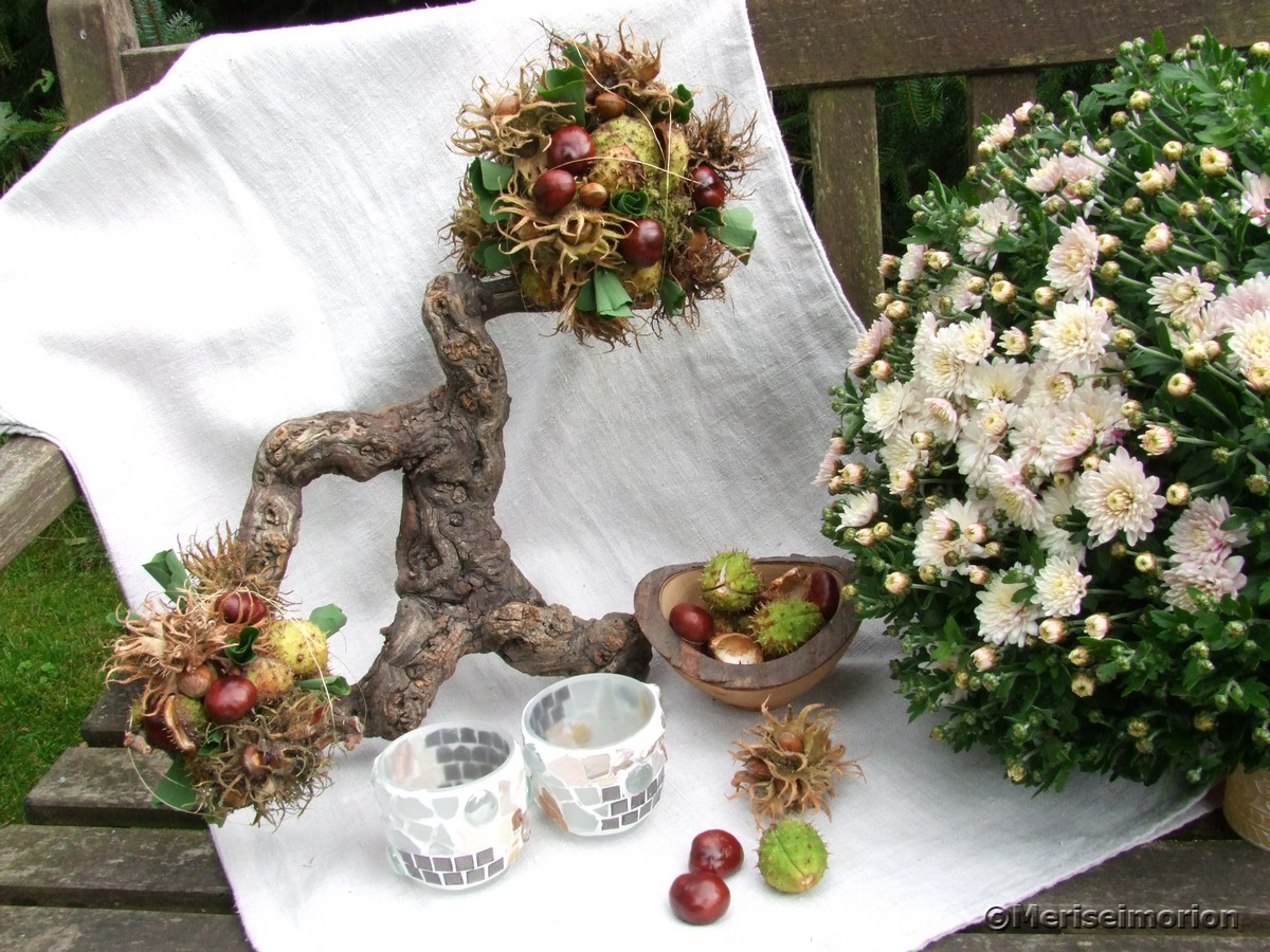 Herbstdeko mit Kastanien und HaselnÃ¼ssen