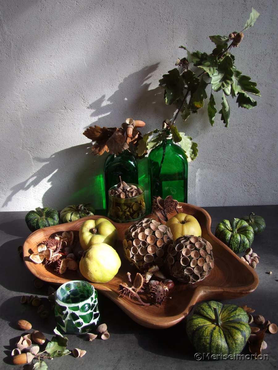 Herbstdeko mit Eicheln, Kastanien und Quitten