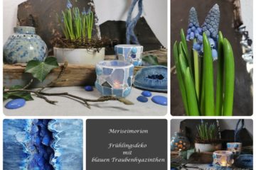 Eine Frühlingsdeko mit blauen Traubenhyazinthen